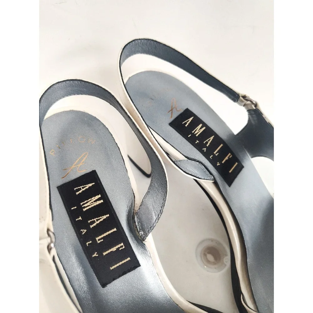 Amalfi Sandals 10 90s Slingback‎ Cream Leather Square Toe Block Heel Italy Vtg